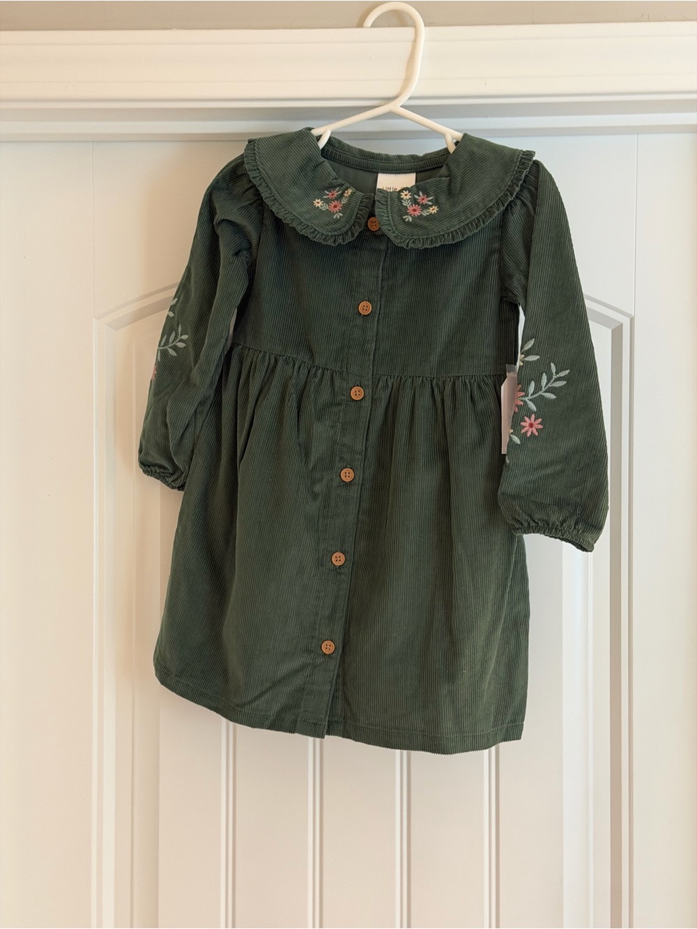 NWT Dark Green Corduroy Button-Front Dress with Embroidered Collar